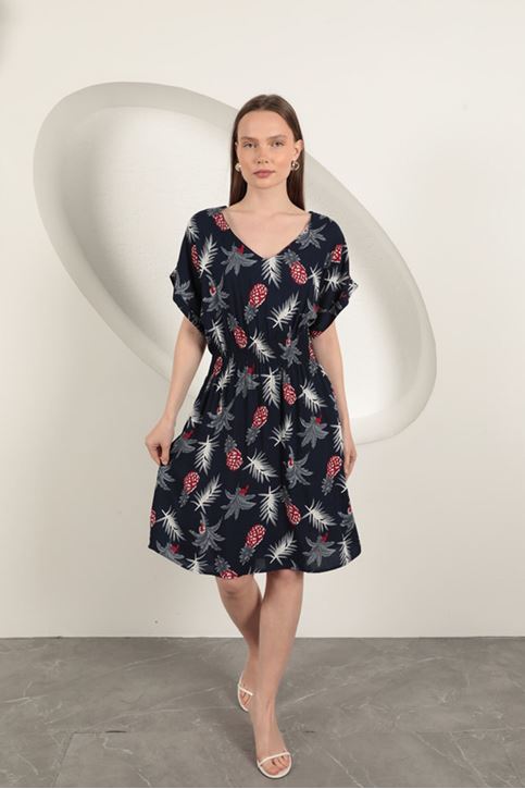 Viscose Pineapple Patterned Dress-Navy Blue