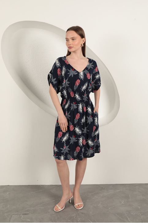Viscose Pineapple Patterned Dress-Navy Blue