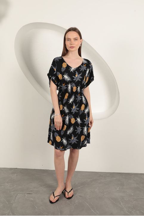 Viscose Pineapple Patterned Dress-Black
