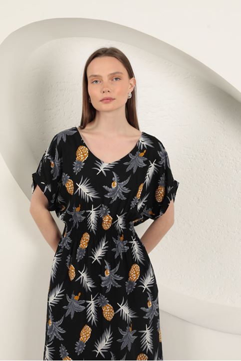 Viscose Pineapple Patterned Dress-Black