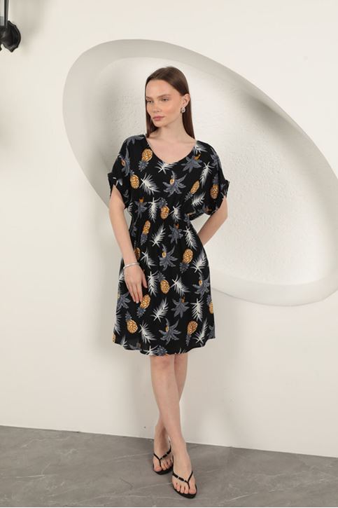 Viscose Pineapple Patterned Dress-Black