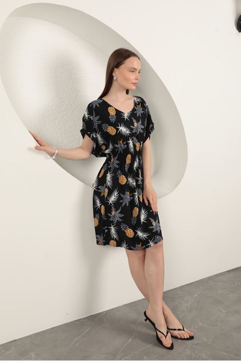 Viscose Pineapple Patterned Dress-Black
