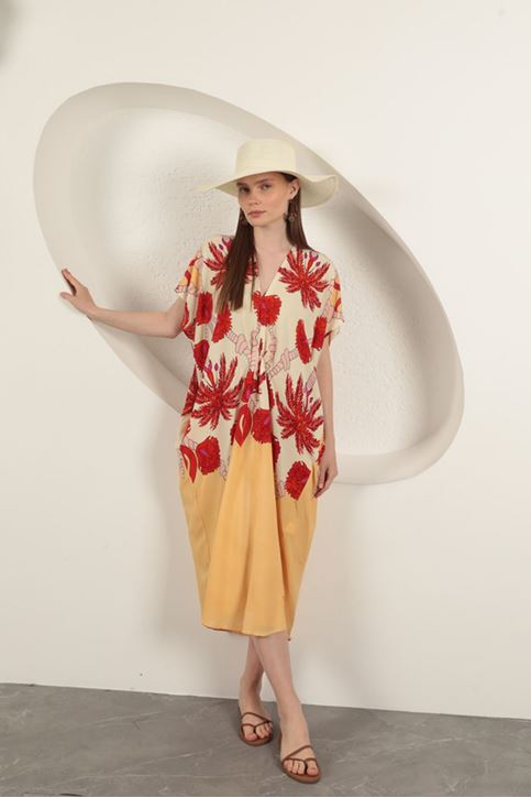 فستان منقوش من قماش الفيسكوز - بيج فاتح