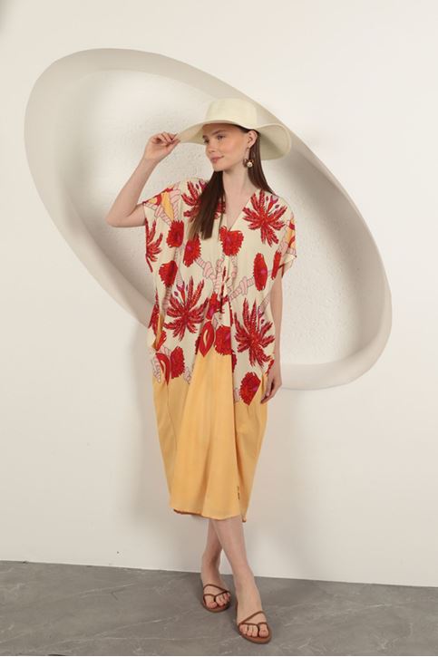 فستان منقوش من قماش الفيسكوز - بيج فاتح