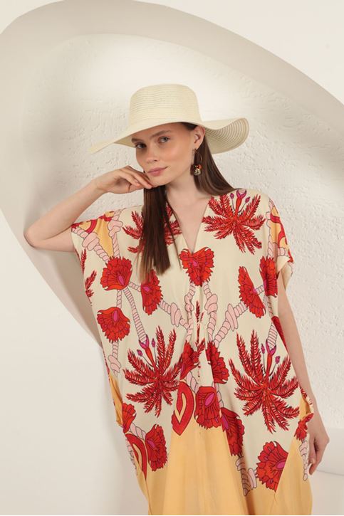 فستان منقوش من قماش الفيسكوز - بيج فاتح