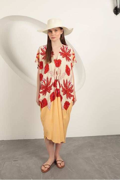 فستان منقوش من قماش الفيسكوز - بيج فاتح