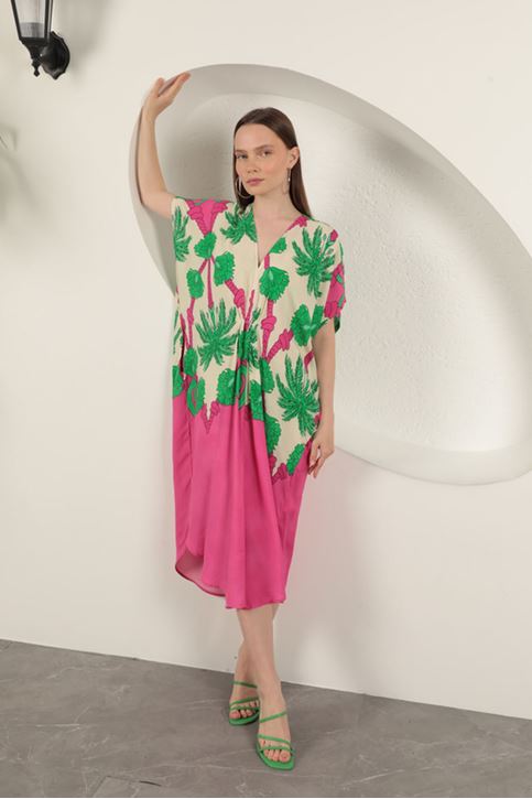 Viscose Fabric Patterned Dress-Fuchsia