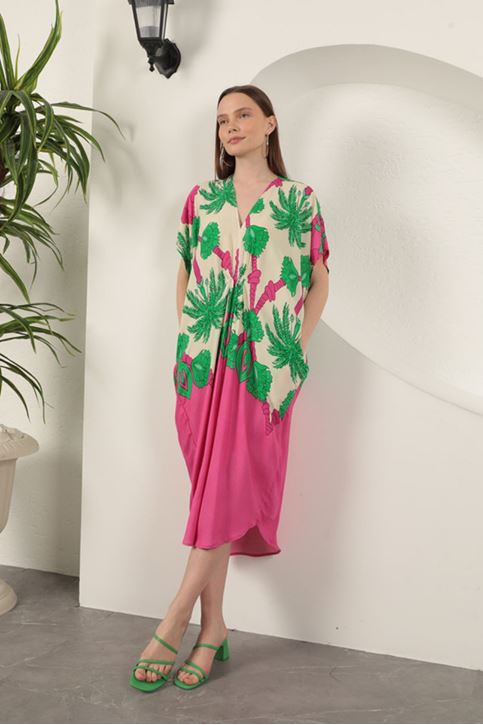 Viscose Fabric Patterned Dress-Fuchsia