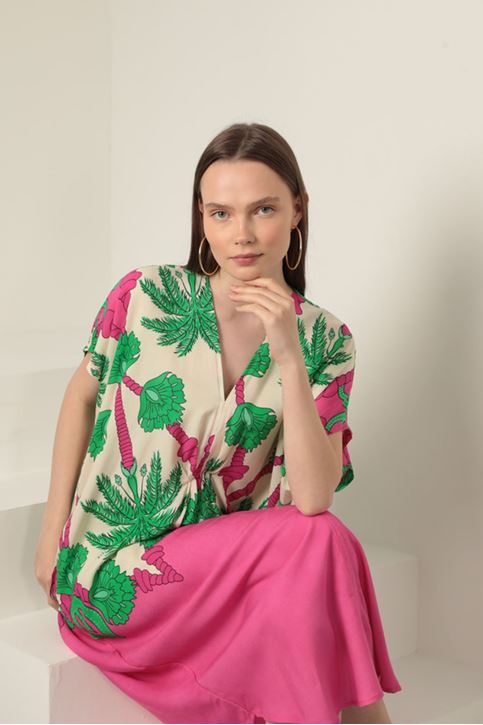 Viscose Fabric Patterned Dress-Fuchsia