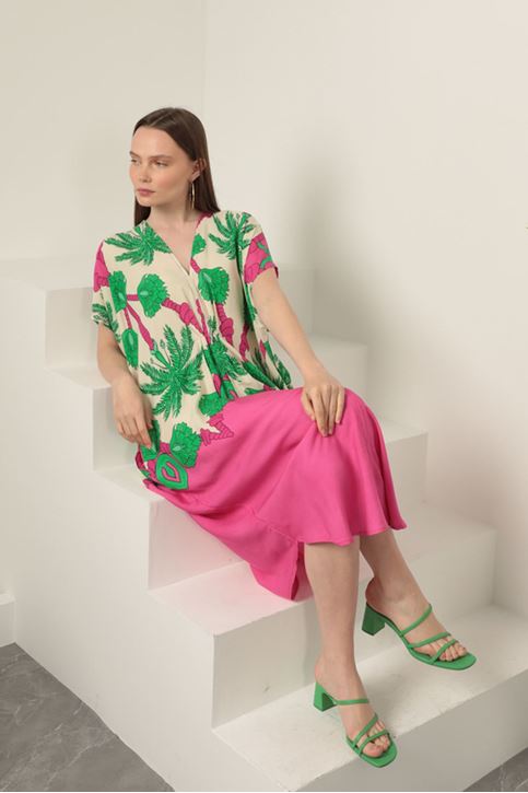 Viscose Fabric Patterned Dress-Fuchsia