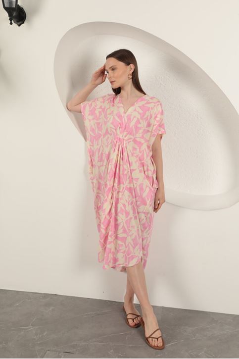 فستان منقوش من قماش الفيسكوز - وردي