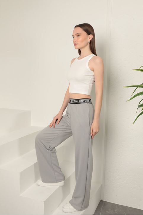 İki İplik Kumaş Beli Yazı Detaylı Kadın Pantolon-Açık Gri