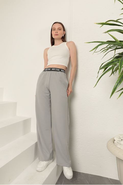 İki İplik Kumaş Beli Yazı Detaylı Kadın Pantolon-Açık Gri