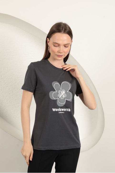 Bow Printed T-Shirt-Anthracite