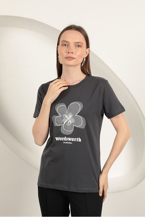 Bow Printed T-Shirt-Anthracite