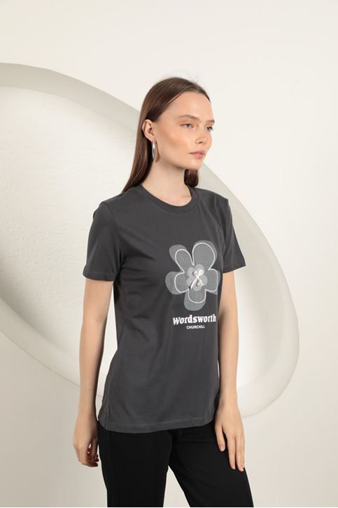 Bow Printed T-Shirt-Anthracite