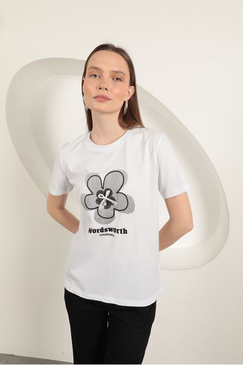 Süprem Kumaş Fiyonk Baskılı Tişört-Beyaz