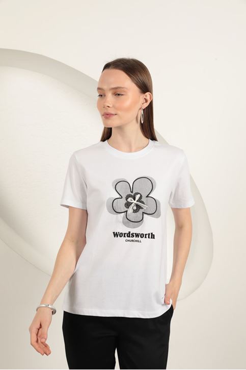 Süprem Kumaş Fiyonk Baskılı Tişört-Beyaz