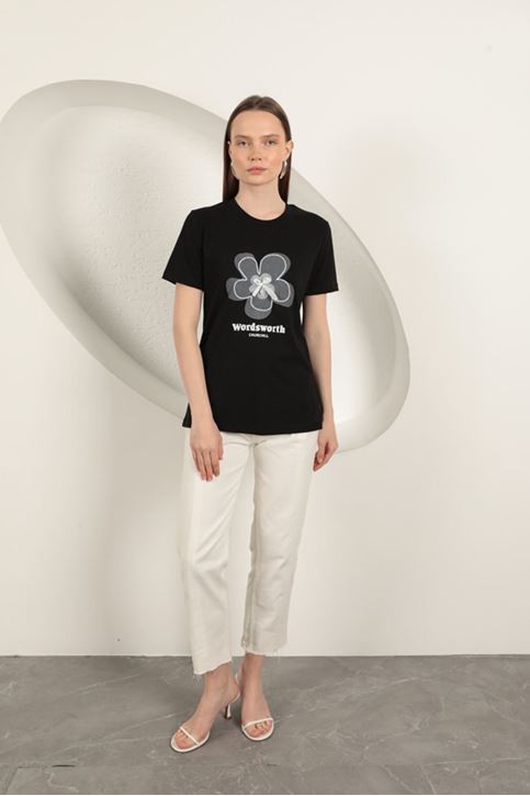 Bow Printed T-Shirt-Black