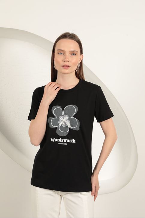 Bow Printed T-Shirt-Black