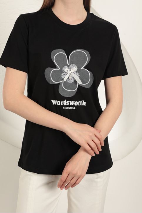 Bow Printed T-Shirt-Black