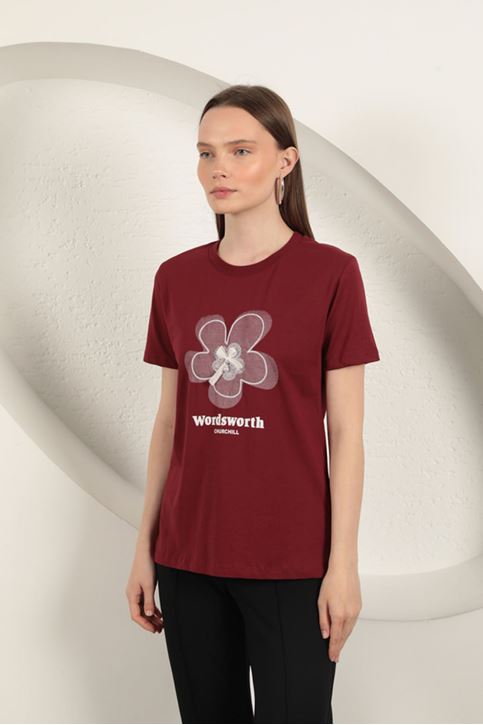 Bow Printed T-Shirt-Burgundy