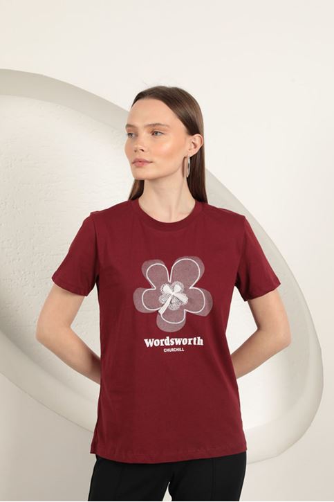 Bow Printed T-Shirt-Burgundy