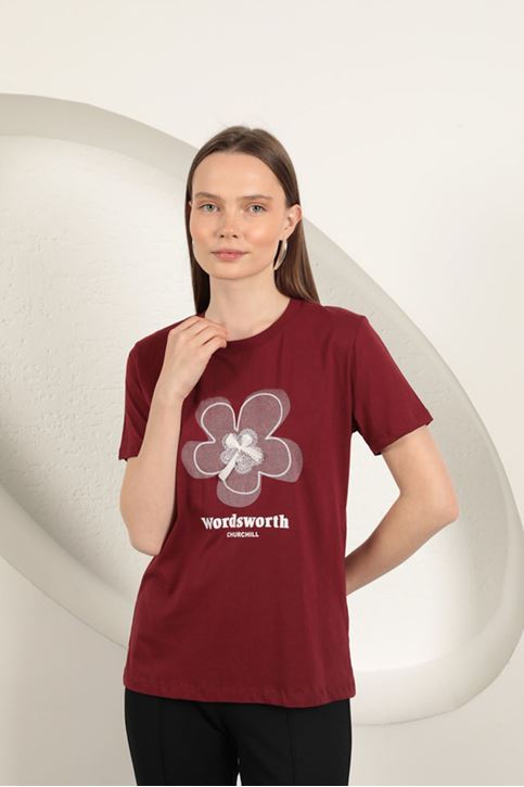 Bow Printed T-Shirt-Burgundy