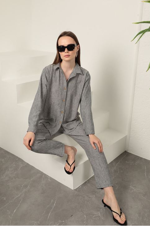 Linen Fabric Shirt Trousers Women's Gray Suit