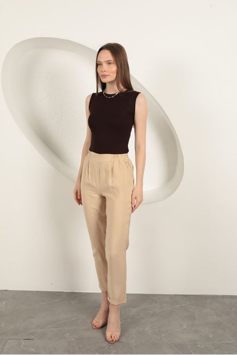 Modal Kumaş Duble Paça Kadın Pantolon-Bej