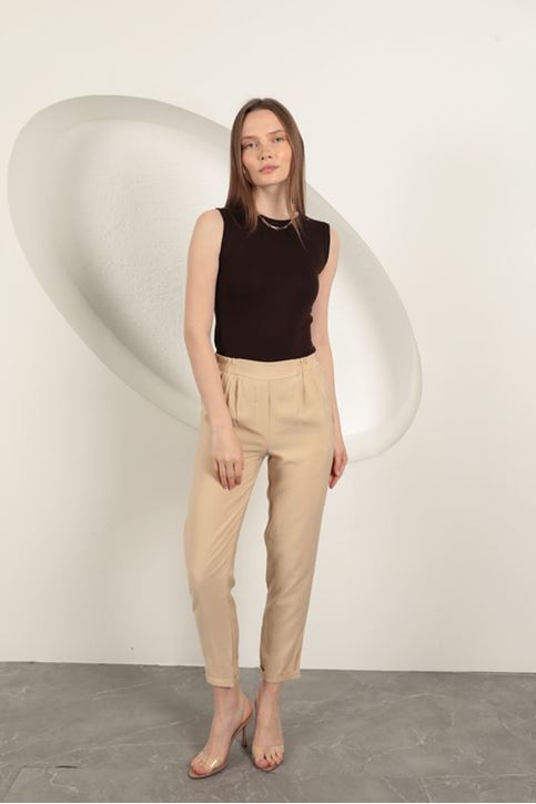 Modal Kumaş Duble Paça Kadın Pantolon-Bej