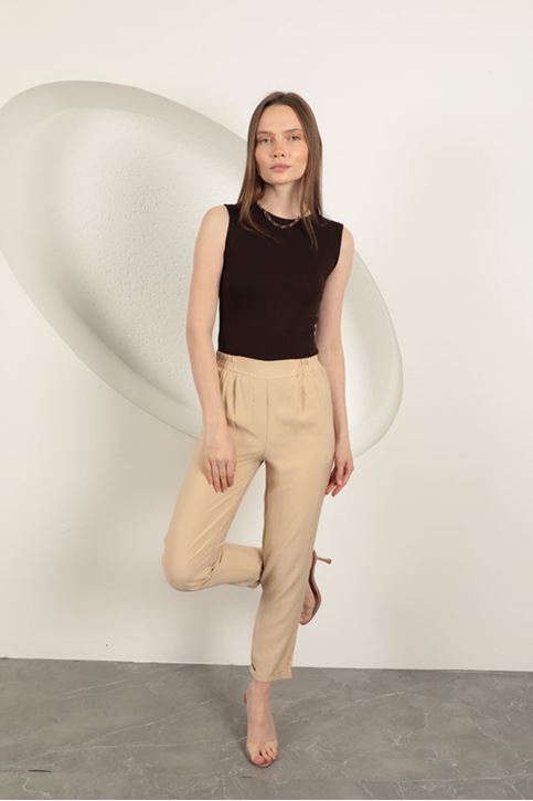 Modal Kumaş Duble Paça Kadın Pantolon-Bej