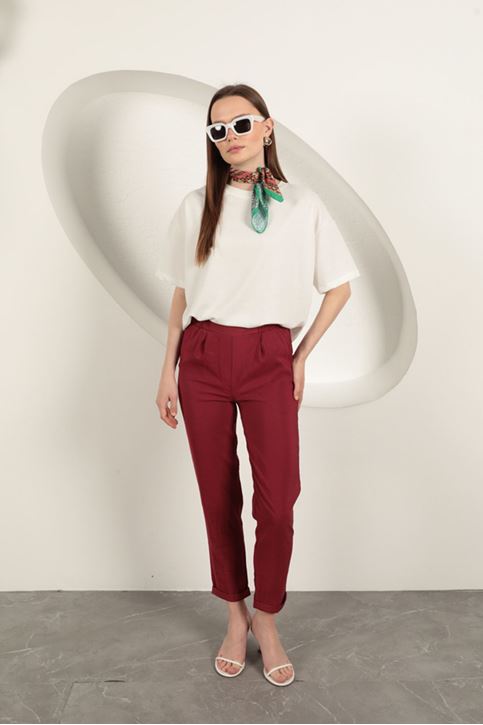 Modal Kumaş Duble Paça Kadın Pantolon-Bordo