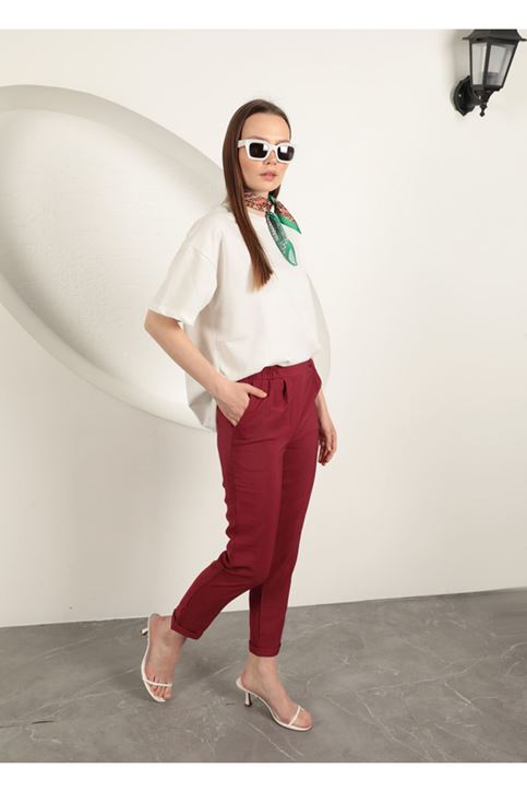 Modal Kumaş Duble Paça Kadın Pantolon-Bordo