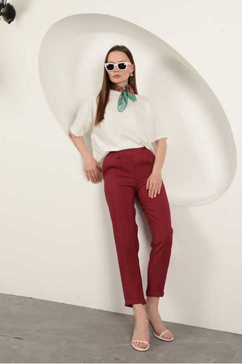 Modal Kumaş Duble Paça Kadın Pantolon-Bordo