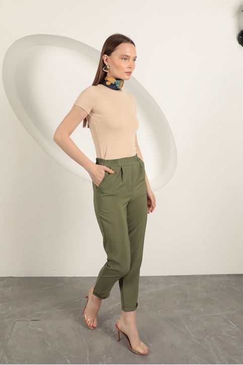 Modal Kumaş Duble Paça Kadın Pantolon-Haki