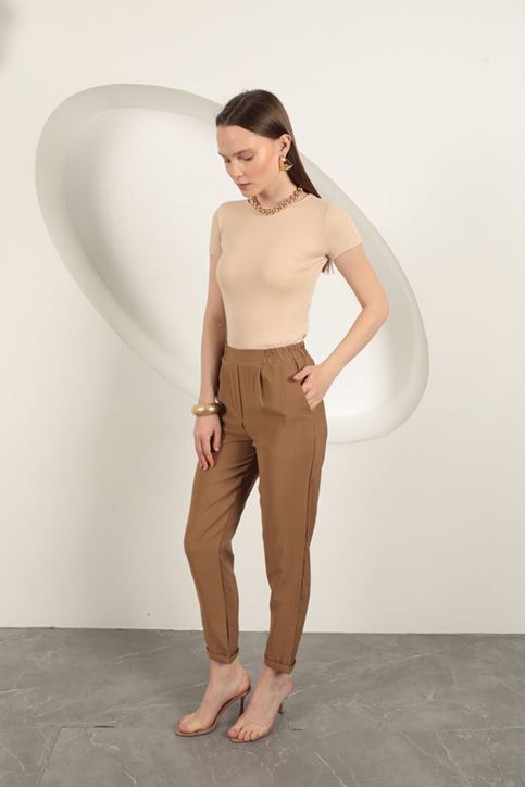 Modal Kumaş Duble Paça Kadın Pantolon-Kahve