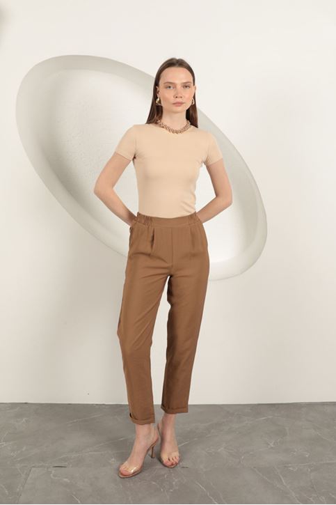 Modal Kumaş Duble Paça Kadın Pantolon-Kahve
