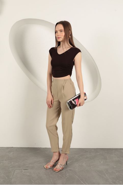 Modal Kumaş Duble Paça Kadın Pantolon-Taş