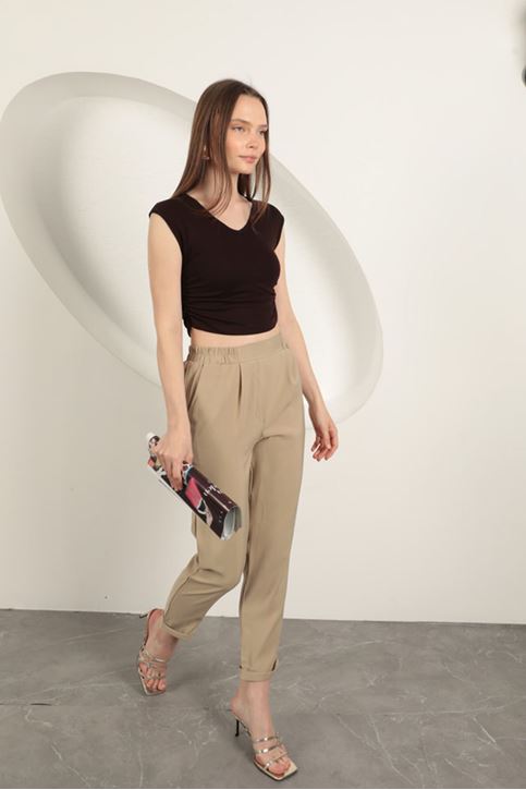 Modal Kumaş Duble Paça Kadın Pantolon-Taş