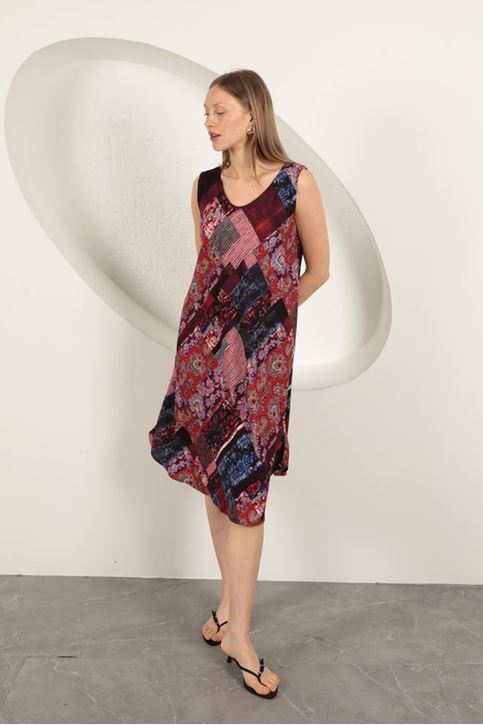 فستان من قماش الفيسكوز بنقوش عرقية - عنابي