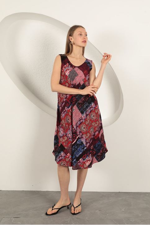 فستان من قماش الفيسكوز بنقوش عرقية - عنابي