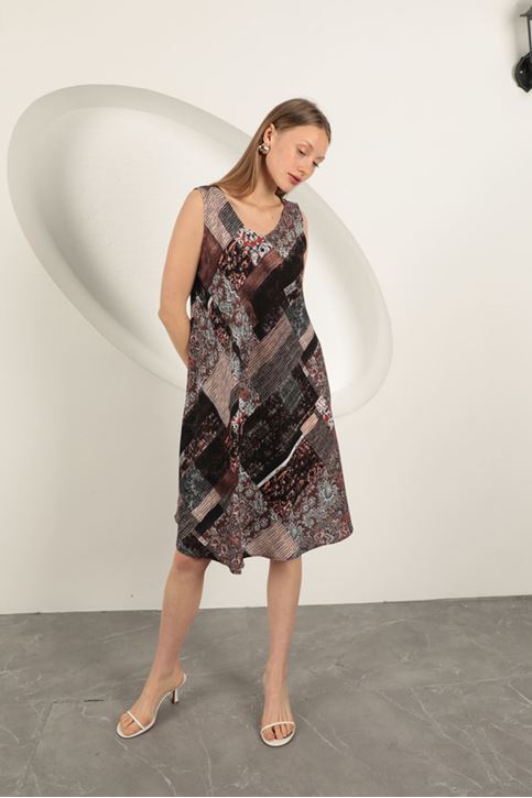 فستان من قماش الفيسكوز بنقوش عرقية - لون القهوة