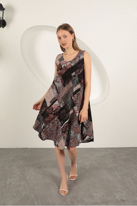 فستان من قماش الفيسكوز بنقوش عرقية - لون القهوة