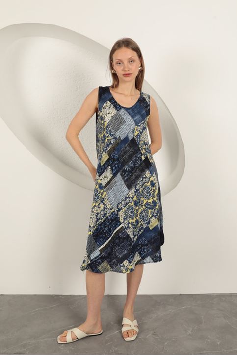 فستان من قماش الفيسكوز بنقوش عرقية - أزرق داكن