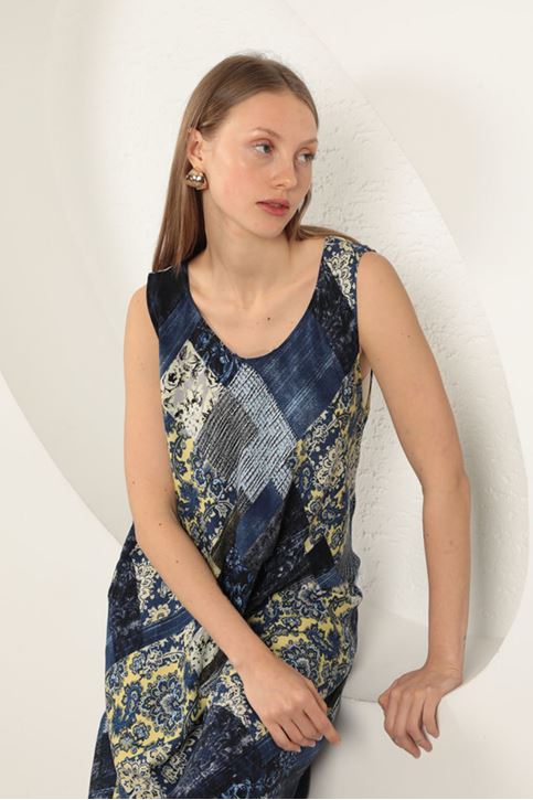 فستان من قماش الفيسكوز بنقوش عرقية - أزرق داكن