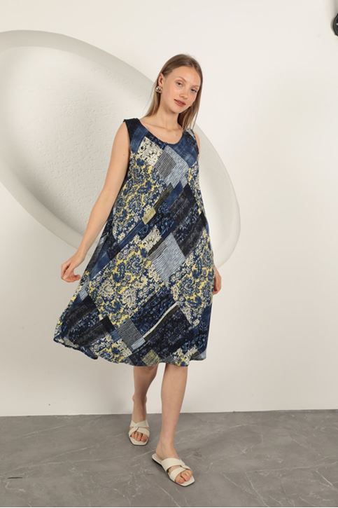 فستان من قماش الفيسكوز بنقوش عرقية - أزرق داكن