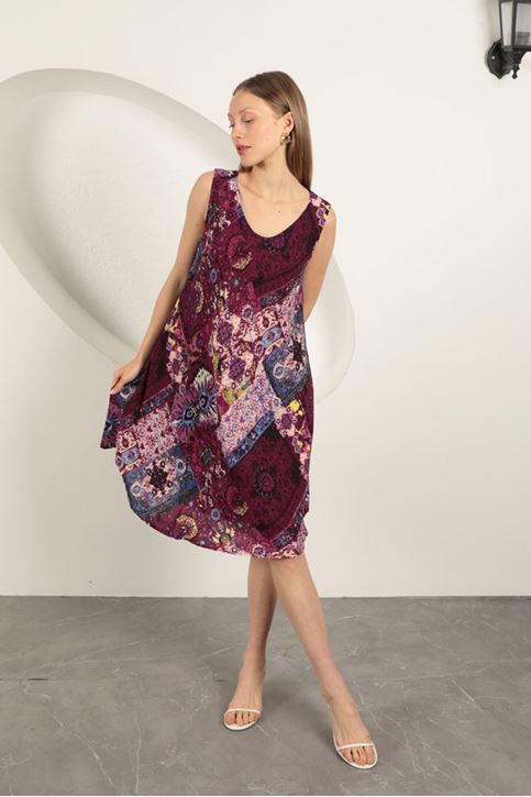 فستان من قماش الفيسكوز بنقوش عرقية - أرجواني