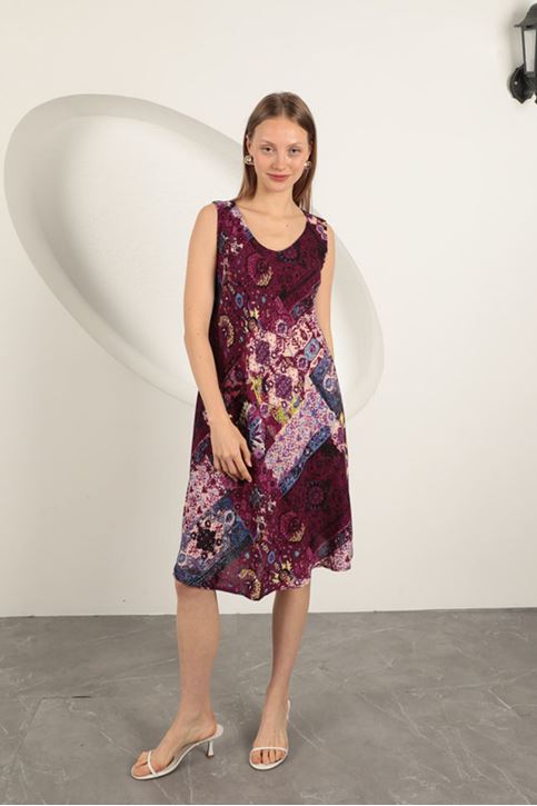 فستان من قماش الفيسكوز بنقوش عرقية - أرجواني