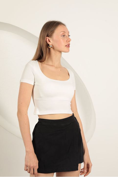 Çilek Viskon Kumaş U Yaka Bluz-Ekru